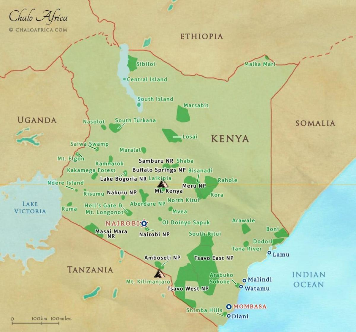 mapa ng Kenya pambansang parke at taglay