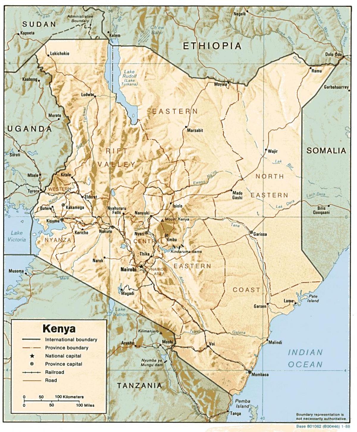 mapa ng Kenya na nagpapakita ng mga pangunahing bayan